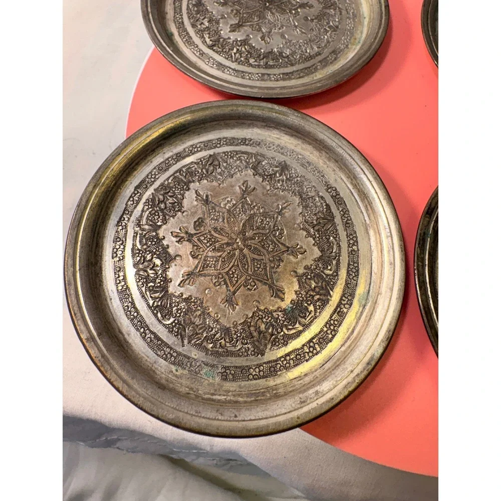 Vintage Etched Metal Coasters Trinket Dishes Set of 4 Floral Mandala Patina